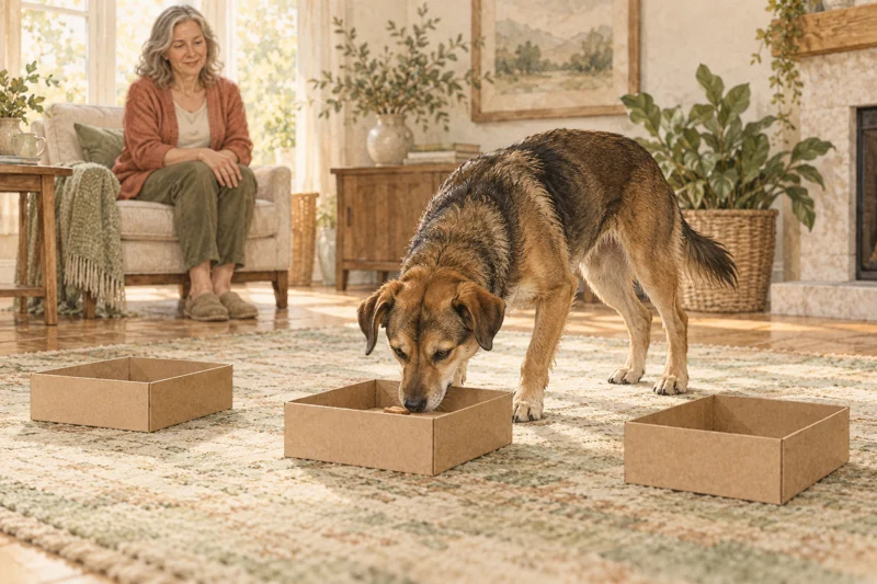 Illustration of a dog sniffing three open boxes while a seated guardian gives space.