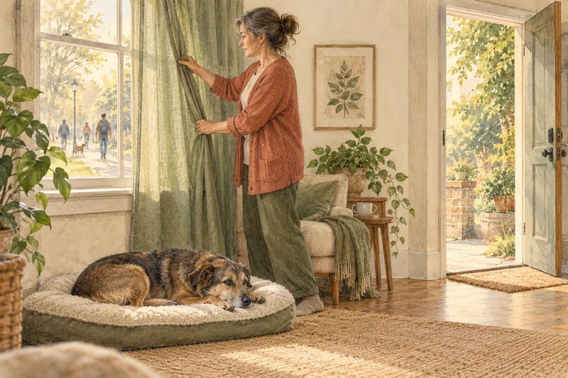 Illustration of a resting dog while a guardian adjusts a curtain, with a clear path out of the resting area.