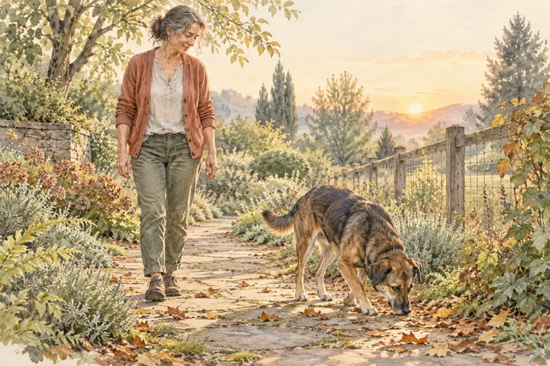 Illustration of a dog sniffing during a shared walk with a guardian in a secure garden.