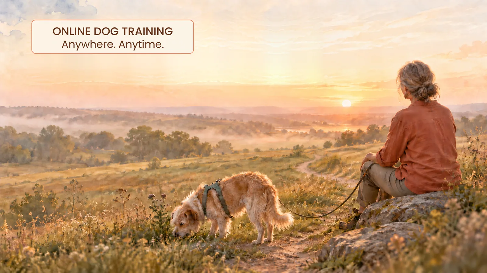 Online dog training. Anywhere. Anytime. A woman sits quietly beside her dog as the dog explores a sunlit meadow on a loose leash, with a winding path ahead.